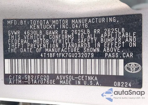 2016 Toyota Camry Le from USA, damaged, VIN 4T1BF1FK7GU232079